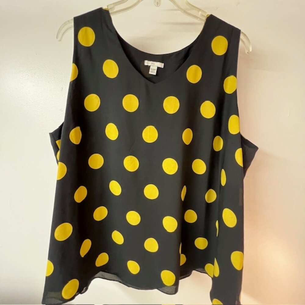CATO Womens Semi-Sheer Sleeveless Layered Tunic, Blk w/Yellow Dots, Size 26/28W